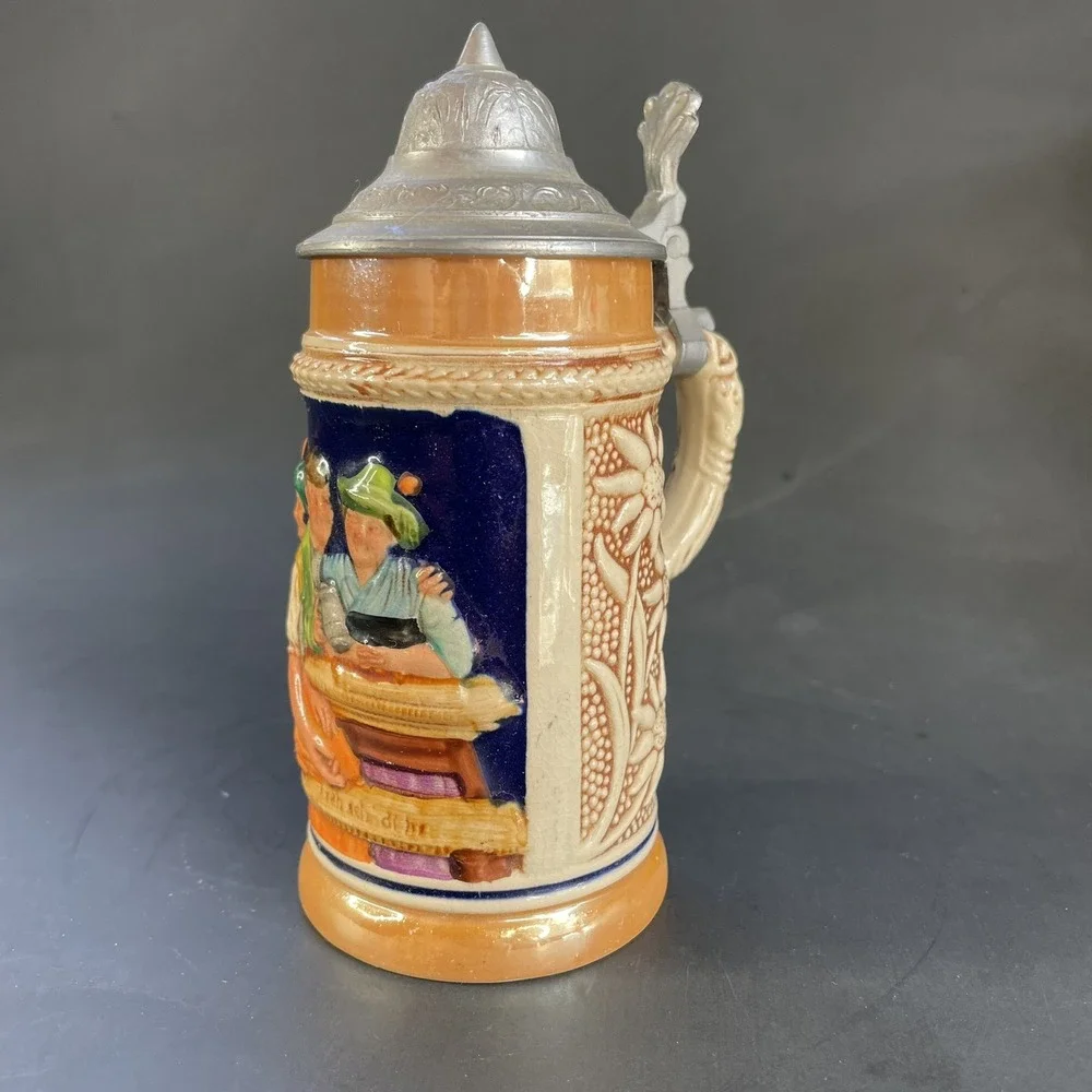 Small Vintage German Lidded Mini Beer‎ Stein Tavern Scene Floral